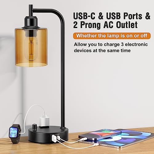 Industrial Bedside Lamps Set of 2 - Amber Glass Shade, Fully Dimmable with USB C & A Ports, Black Table Lamps for Bedroom & Living Room - Variation: Amber