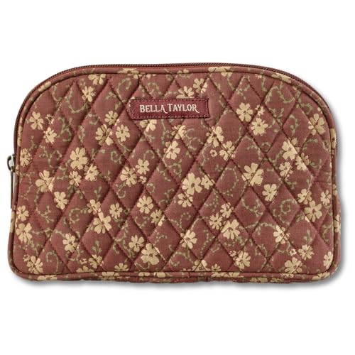 Bella Taylor Burgundy Floral Quilted Makeup Bag - Cosmetic Pouch with 4 Pockets