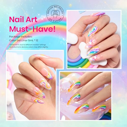 Beetles Rainbow Gel Liner Nail Art Set - 12 Neon Colors with Brush (Variation C - Multicolor 12-2)