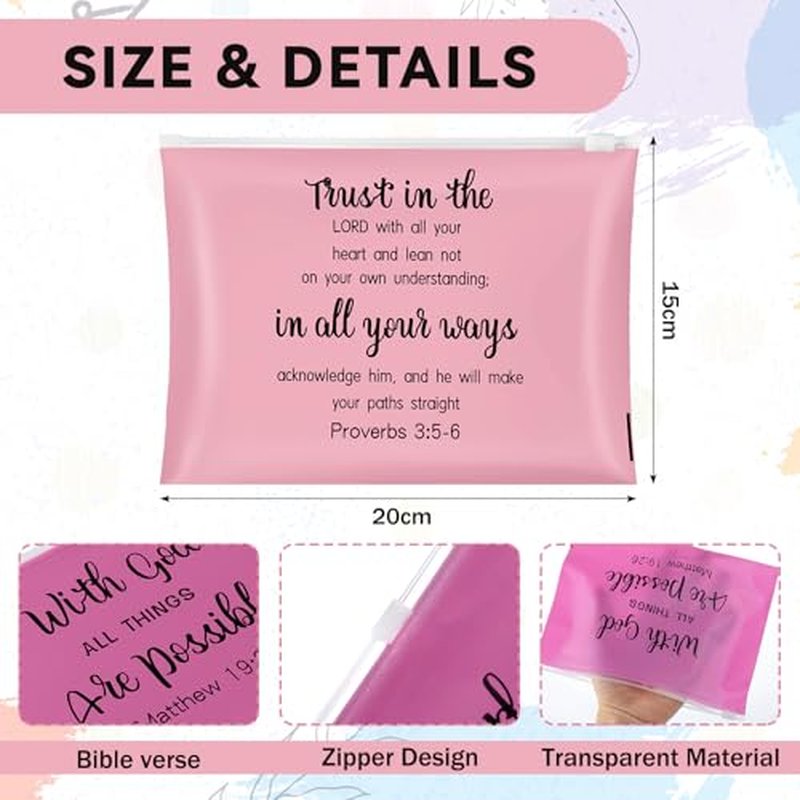 Kacctyen 100 Pcs Christian Gifts for Women Bulk Religious Bible Verse Makeup Cosmetic Bag Bulk Church Inspirational Gift Plastic Toiletry Bag Travel Purse for Mother's Day Teacher 8" x 6"