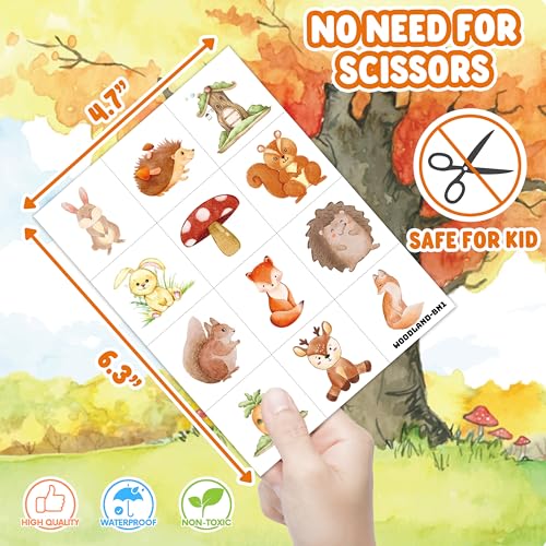 96PCS Woodland Animal Temporary Tattoos Stickers Pre-Cut ? 1st Birthday Party Favors, Decorations, Supplies - Forest Animal & Camo Pre-Cut Designs for Kids Boys Girls Adults Camping Adventures Gifts