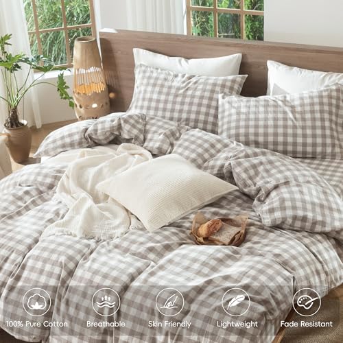 MooMee Buffalo Plaid Tannish Linen Grey King Duvet Cover Set, 3 Pieces