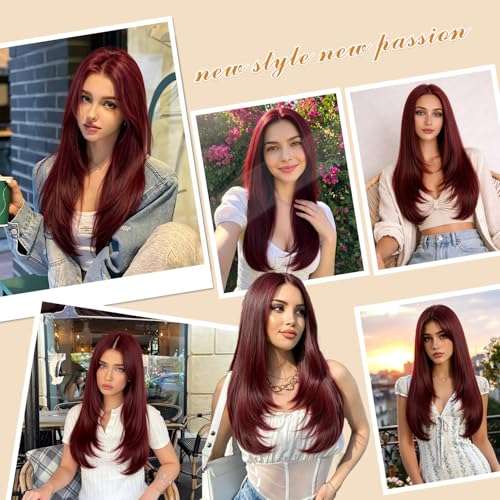 Long Burgundy Wigs for Women 26 Inch Layered Synthetic Heat-Resistant Wig - Middle Part Variation of THIS listing