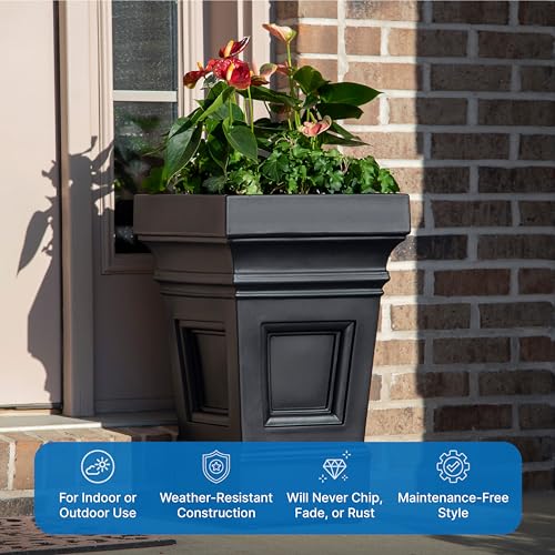 Outdoor Planters with Drainage - Black Plastic Square Garden Pots 2-Pack