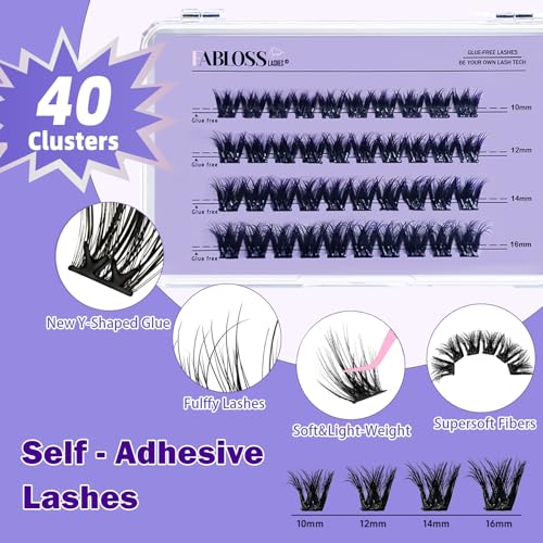 Fabloss Self Adhesive Eyelashes Clusters 40Pcs-Thick Volume Lashes Press On Lashes Self Adhesive Lashes Pre-Glued Lashes Clusters Kit No Remover No Residue 14-16MM