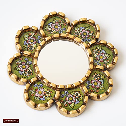 Small Green Mirror 6in for Wall Decor | Peruvian Hand Painted Glass Mirror with Gold Leaf Finish | Handmade Round Mirror for houswarming