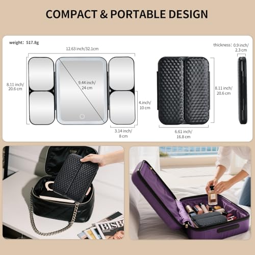 Junyaoxuan Black Tri-fold LED Vanity Mirror with 5X-30X Magnification, Touch Dimming Portable Makeup Mirror for Travel & Home