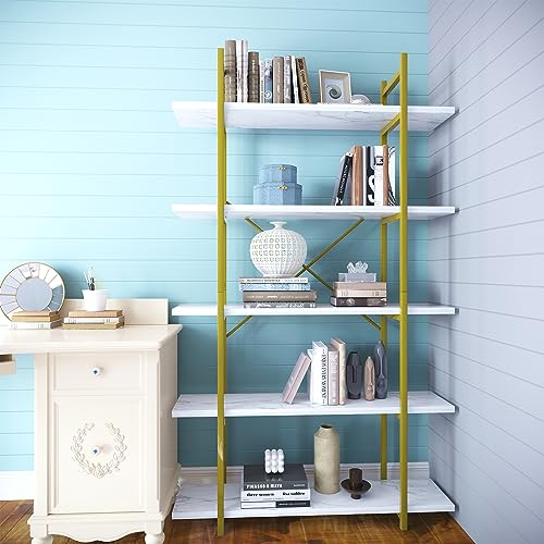 White Faux Marble 5-Tier Ladder Bookcase - Modern Open Storage Shelving Unit