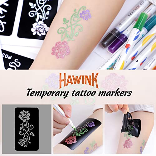 HAWINK Temporary Tattoo Markers for Skin, 10 Body Markers + 56 Large Tattoo Stencils, Dual-End Tattoo Pens Make Bold and Fine Lines ZYH2208001KIT