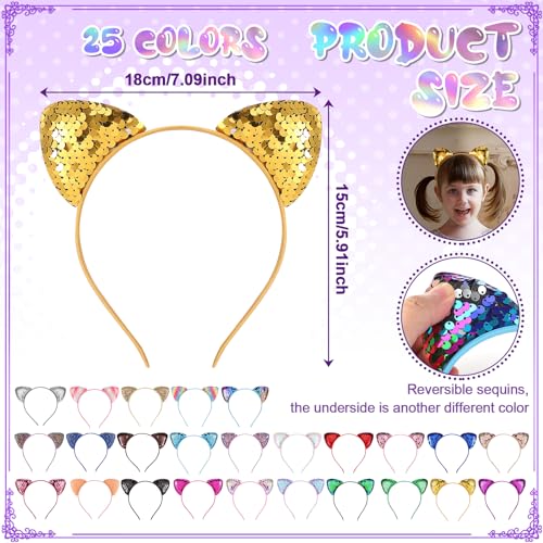 Sequined Glitter Kitty Headbands for Girls and Adults - 50 Pack in 25 Colors