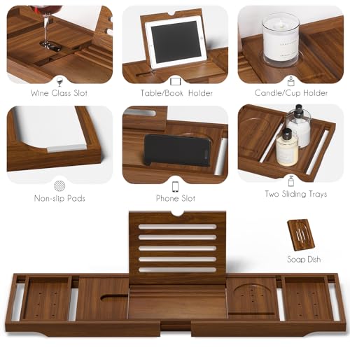 Wooden Bathtub Tray for Luxury Bathroom, Expandable Premium Teak Bath Tray, Adjustable Bath Accessories for Tub, as Unique Housewarming, Holiday, Birthday Gifts