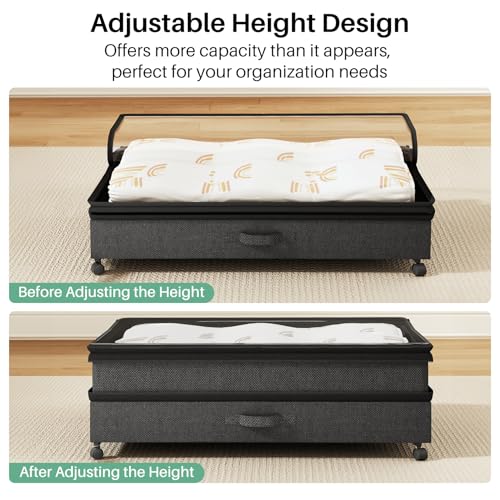 Kitstorack 4 Pack Height-Adjustable Under Bed Storage Containers with Wheels & Clear Windows - Black