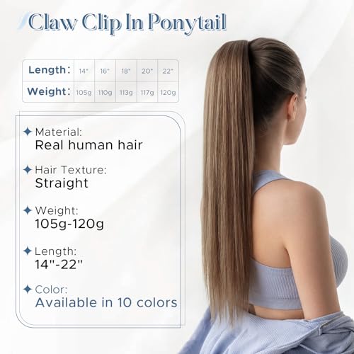 14 Inch Natural Black Remy Human Hair Ponytail Extension with Claw Clip for Women