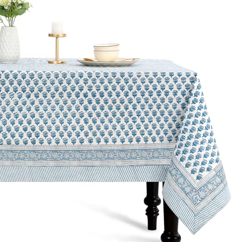 CPC Apatite Blue Hand Block Printed Cotton Rectangular Tablecloth 70x118 Inch