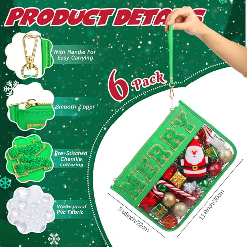 6 Pcs Christmas Gifts Red Green Chenille Letter Bags Xmas Nylon Clear Cosmetic Bags Toiletry Zipper Pouch Merry Makeup Travel Purse for Women Christmas Party Holiday Favor