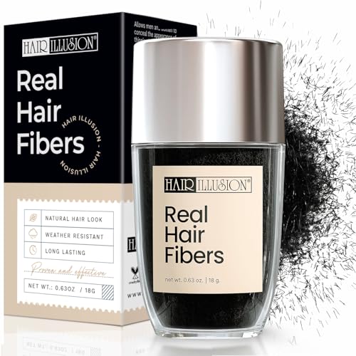 Hair Illusion Black Hair Fibers for Thinning Hair - 18g Natural Real Hair, Non-Synthetic, Cover Bald Spots - Pack of 1