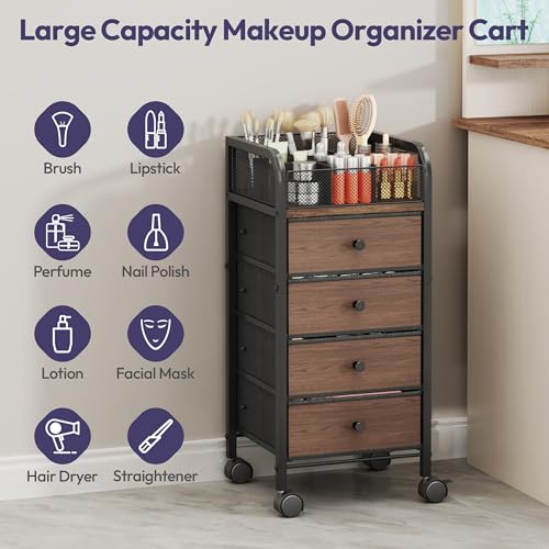 SWTYMIKI Rolling Makeup Organizer Cart - Floor Skincare Make Up Storage with 4 Non-woven Drawers, Vanity Organizer Cosmetic Display Cases Cabinet for Skin Care Perfume Nail Polish Brush Hair Tool
