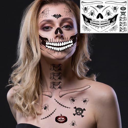 Halloween Makeup Temporary Halloween Tattoos Stickers Prank Chucky Witch Fake Face Decals Zombie Makeup Scar Skeletons Cosplay Tattoos DIY Eye Women Adult Mouth Clown Makeup Kit Party