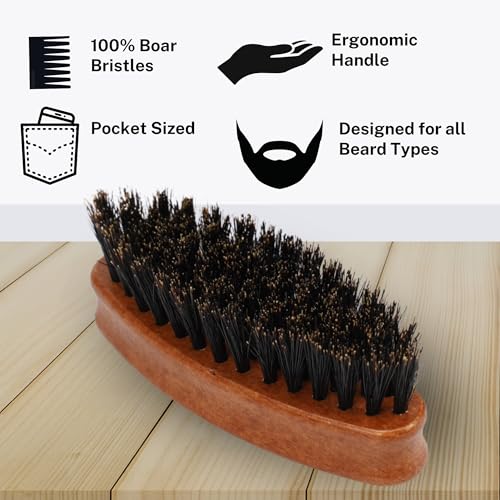 Gents Wood Small Travel Beard Brush - Natural Boar Bristles with Wooden Grooved Handle Mini Size Portable (Small, 3, Count)