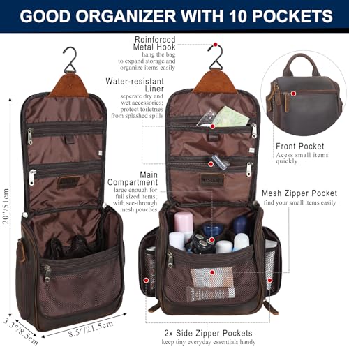 Masa Kawa Brown Leather Travel Hanging Toiletry Bag for Men – Large