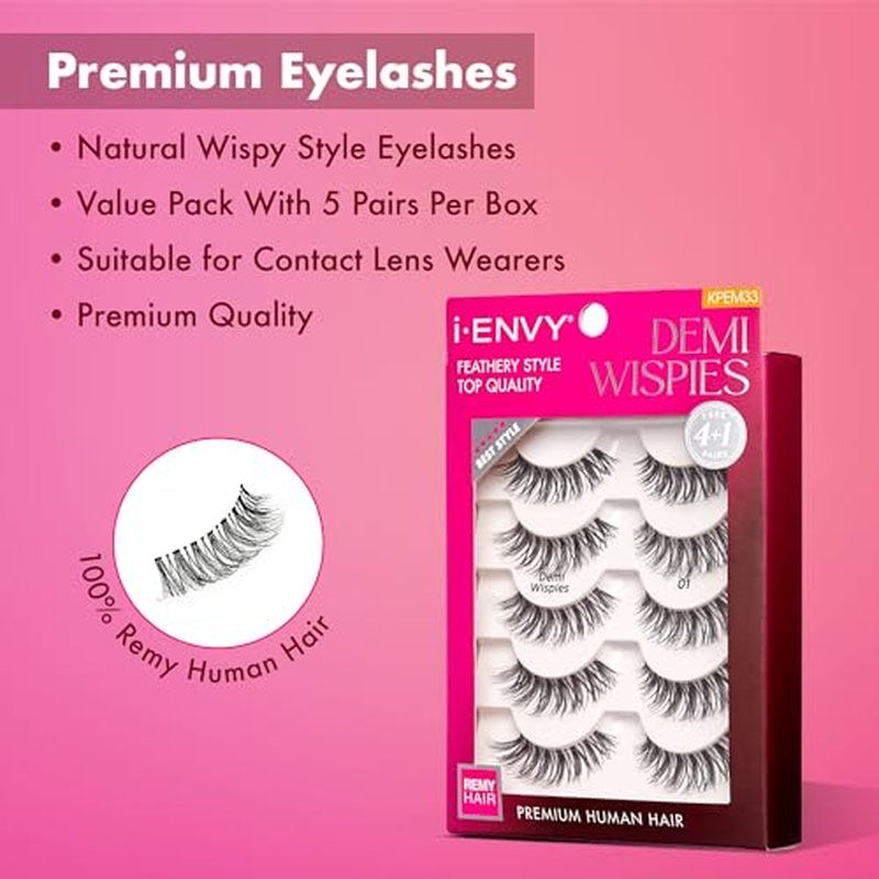 i?ENVY 5 Pairs Demi Wispies False Lashes (1 Pack), Premium Quality 100% Human Hair, Fluffy Feathered Eyelashes with Volume & Curl, Natural Look, Lightweight, Comfortable, Reusable for Everyday Wear