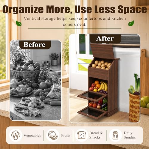 Verssure Walnut 3-Tier Wooden Produce Storage Bin with Lid for Fruits & Vegetables