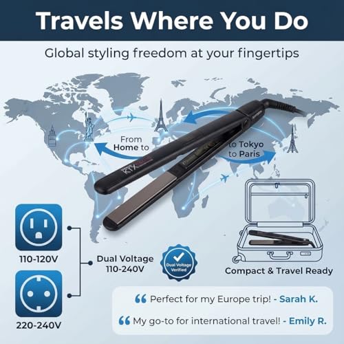Professional Titanium Flat Iron 1 Inch Hair Straightener with Adjustable Heat up to 450°F, Dual Voltage