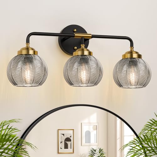 Bathroom Vanity Light Fixture 3-Light Smoke Gray Glass Leaf Texture Modern Black & Gold