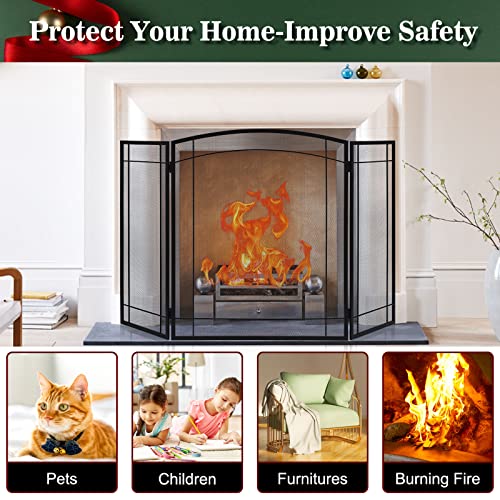 Modern Black 3-Panel Fireplace Screen 48x29in Foldable Heavy Duty Metal Mesh