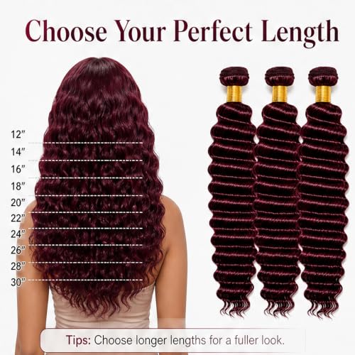 Burgundy Deep Wave Human Hair Bundles - 3 Pack 10/12/14 Inch - Burgundy #99J Variation D