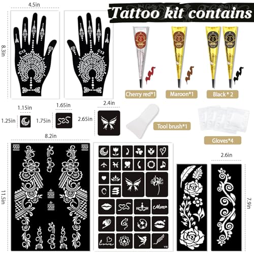 Temporary Stencils Tattoos Kit, 4 Pcs Tattoo Cones 3 Color (2 Black 1 Maroon 1 Cherry Red) with Gloves Brush Tool,DIY Body Art Skin Painting Designs for Women Men Kids Party Gifts