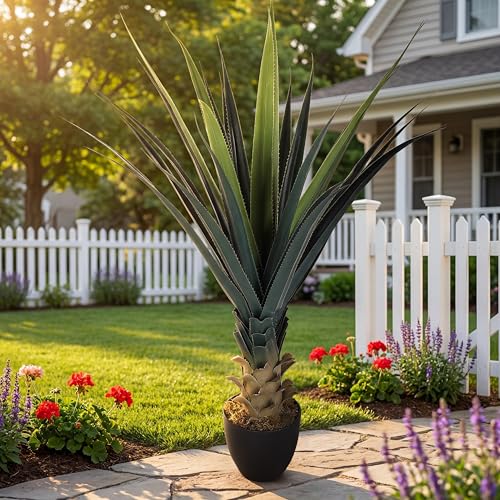 Artificial Spiked Agave Plant 4ft Tall Potted Faux Greenery Outdoor Indoor - Green, 48"