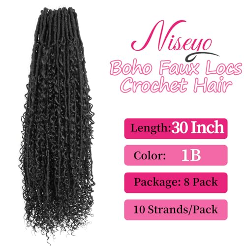 NISEYO Faux Locs Crochet Hair 30 Inch 1B with Curly Ends - Pack of 8