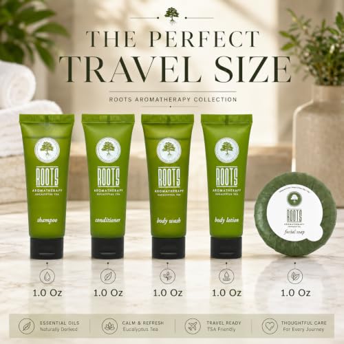 Roots Aromatherapy 150 Pack Hotel Toiletries Bulk Set for Airbnb & Hospitality, Travel Size Shampoo Conditioner Body Wash Lotion & Bar Soap, 0.01 Fl Oz