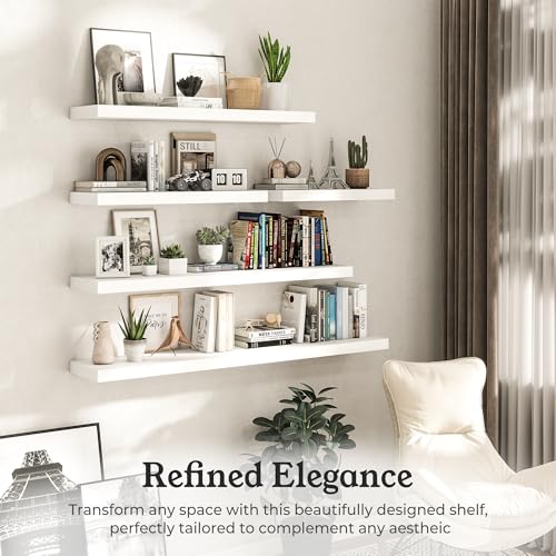 White Floating Shelves Wall Shelf Set of 2 - 36 Inches, Wooden Wall Storage