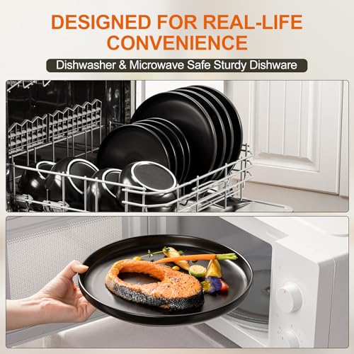 Ceramic Dinnerware Set 24 Pieces - Black Stoneware Plates & Bowls, Dishwasher & Microwave Safe