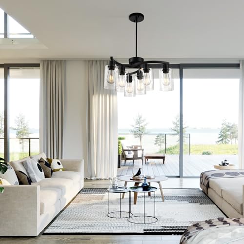 Black Farmhouse Chandelier - 6-Light Modern Pendant Light Fixture with Adjustable Height