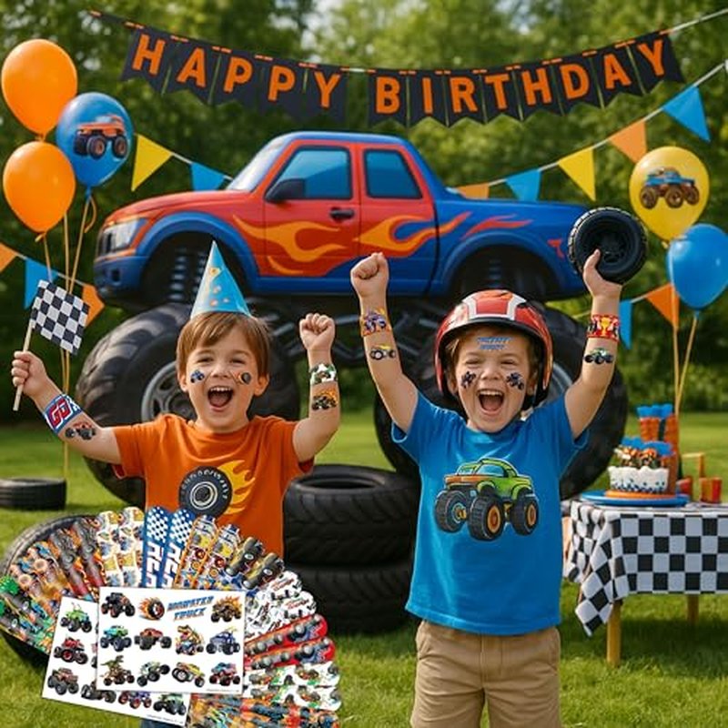 48PCS Monster Truck Party Set - 24PCS Temporary Tattoos & 24PCS Slap Bracelets - Off-Road Birthday Supplies, Baby Shower Gifts, Classroom Rewards & Party Decor for Kids (Boys & Girls)