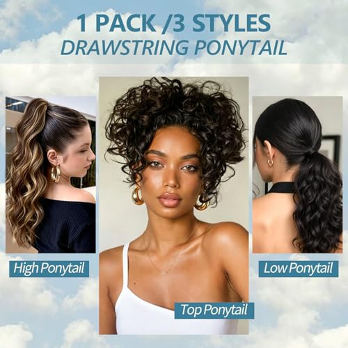 Curly Drawstring Ponytail Extension for Black Women 14 Inch P4/27 Highlight - Natural Water Wave Texture