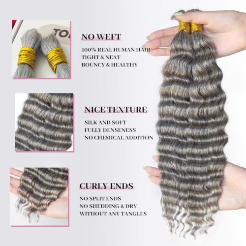 Topnormantic Gray Human Braiding Hair - 18 Inch Deep Wave Salt & Pepper Natural Extensions