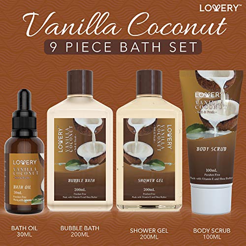 LOVERY Vanilla Coconut Spa Gift Basket for Women - 9 Piece Bath & Body Set, Luxurious Home Relaxation Gifts