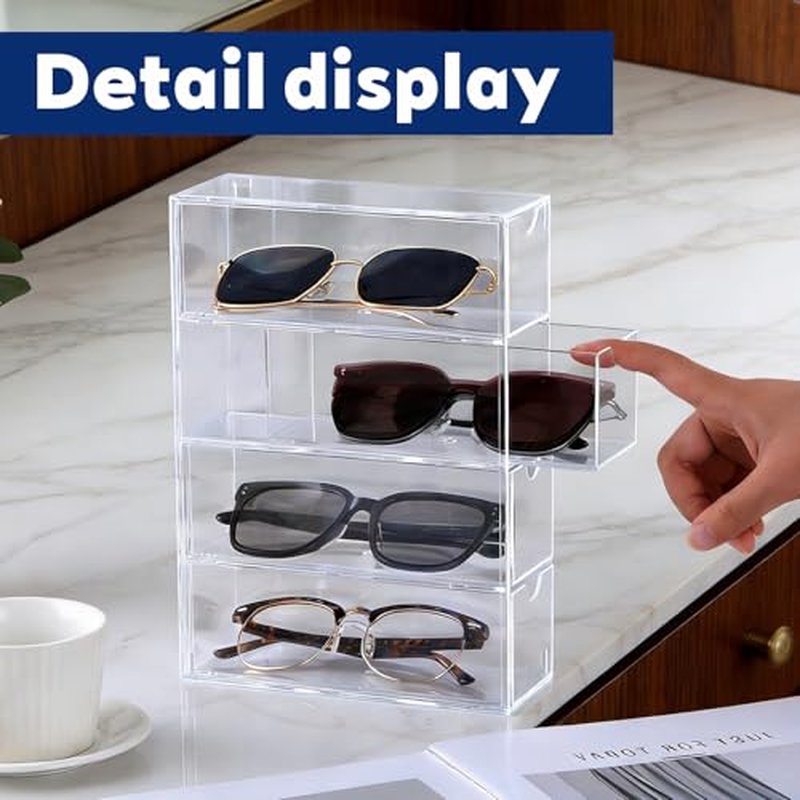 2PCS Clear Acrylic Sunglasses Organizer, Plastic Stackable Eyeglass Case Storage Organizers with 4 Drawers, Glasses Organizer for Women for Glasses Jewelry Watch Storage-9.65*6.89*2.56 Inch