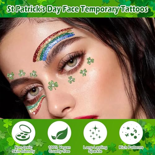 Yosca 6Pcs St Patricks Day Temporary Tattoos, Green Clover Face Stickers for St. Patrick's Day Glitter Makeup, Self Adhesive Shamrock Face Tattoos Art Sticker for Parade Irish Party Rave Accessories