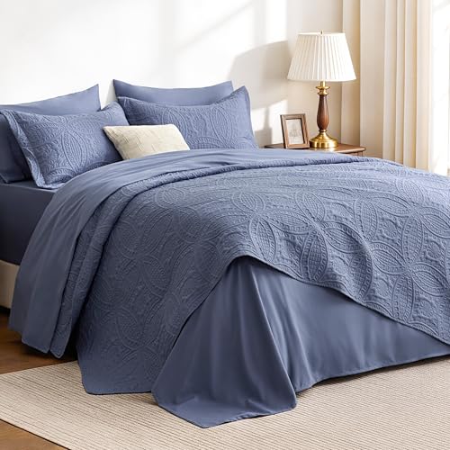 King Quilt Set with Sheets and Shams - Bluish Grey Coin Pattern, 7 Pieces, Love's Cabin