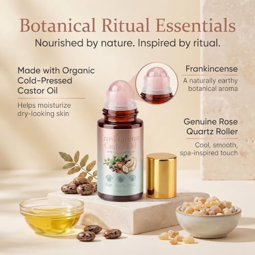 Organic Castor Oil Roll-On with Rose Quartz & Frankincense for Face & Eyes, 1.7 Fl Oz