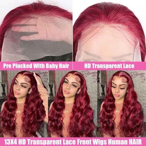 24 Inch Burgundy Lace Front Wigs Human Hair 13x4 HD Transparent Body Wave Pre Plucked 180% Density Glueless