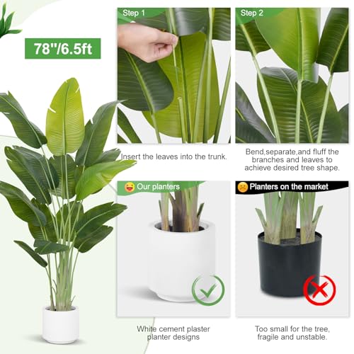 Artificial Bird of Paradise Tree 6.5Ft Tall Faux Tropical Plant with White Pot - Indoor Decor