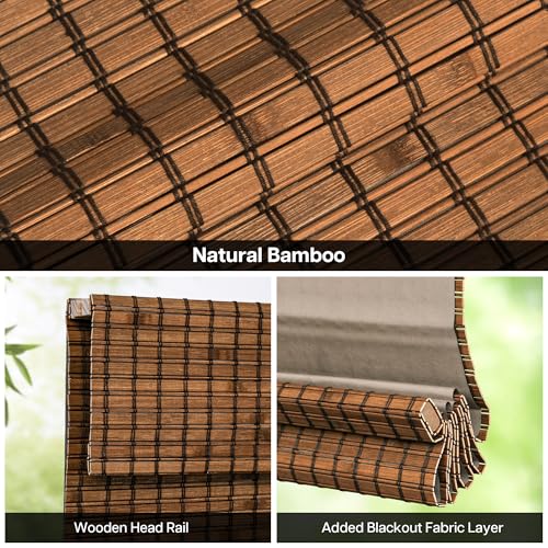Blackout Bamboo Roman Shades - Penang Teak, 35x64 Inches, Cordless, Inside Mount