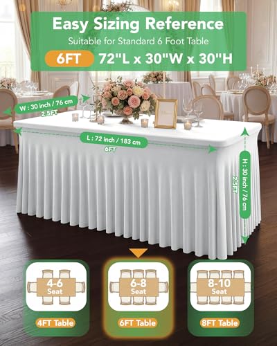 KeyWave 6ft White Spandex Table Cover Skirt - 6 Pack Rectangle, Floor-Length Ruffle