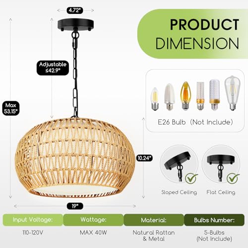 19-Inch Boho Rattan Chandelier with 5 Lights, Farmhouse Pendant Light - Variation of 19 Inch-round-1pc